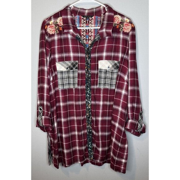 John Mark Large Embroidered Roll Tab Long Sleeve Blouse Red Floral Boho - Picture 1 of 6